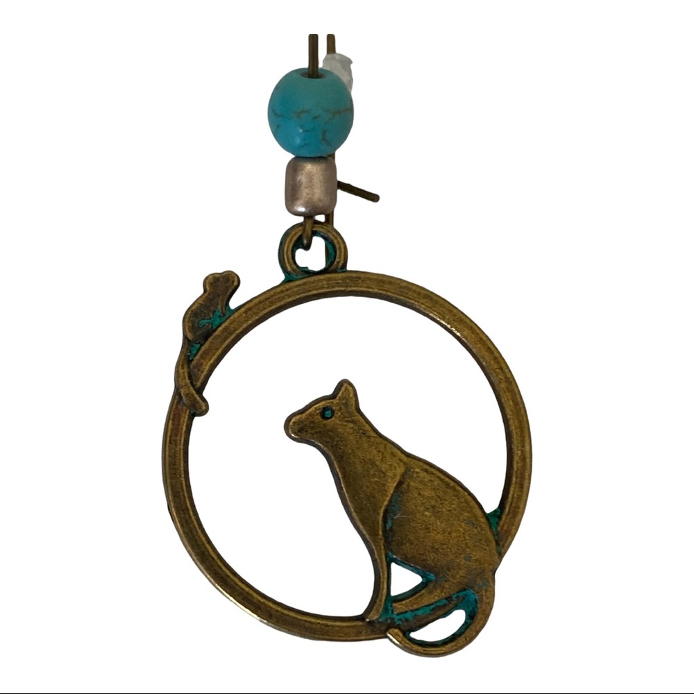 Boho Cat Dangle Earrings with Turquoise Accent - Picture 3 of 5